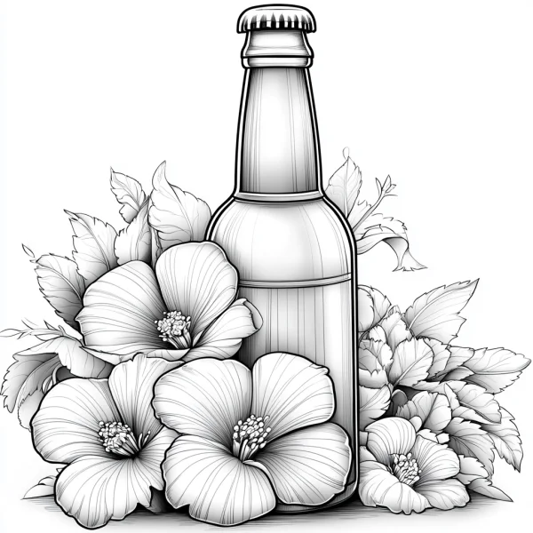 Coloring book page, beer bottle surrounded by hibiscus flowers and leaves — free printable beverages coloring book page