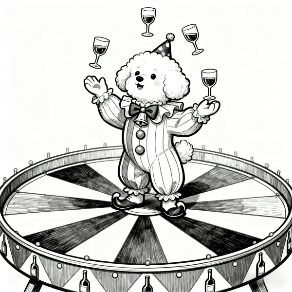 Circus clown poodle, cartoon style — free printable circus coloring book page