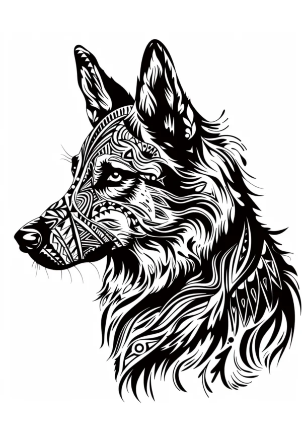 Tribal patterned german shepherd head, tribal totem art style — free printable tribal culture coloring book page