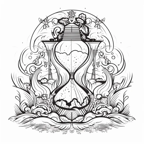 Ornamental hourglass, fantasy decorative art style — free printable time coloring book page