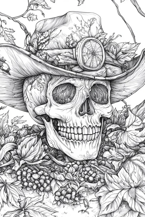 Cowboy hat-wearing skull, gothic and realistic style — free printable west coloring book page
