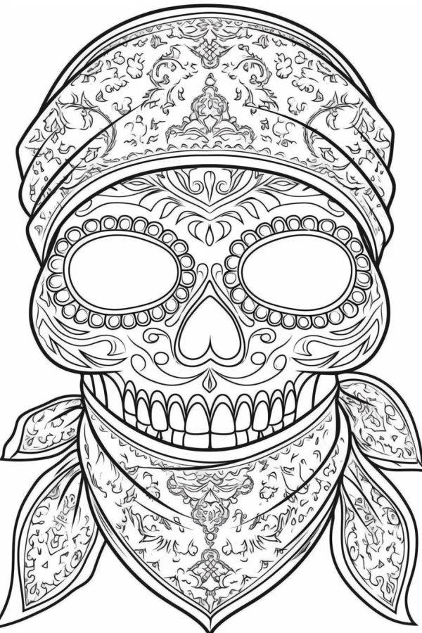 Coloring book page, day of the dead decorated sugar skull with patterned bandana — free printable folk culture coloring book page