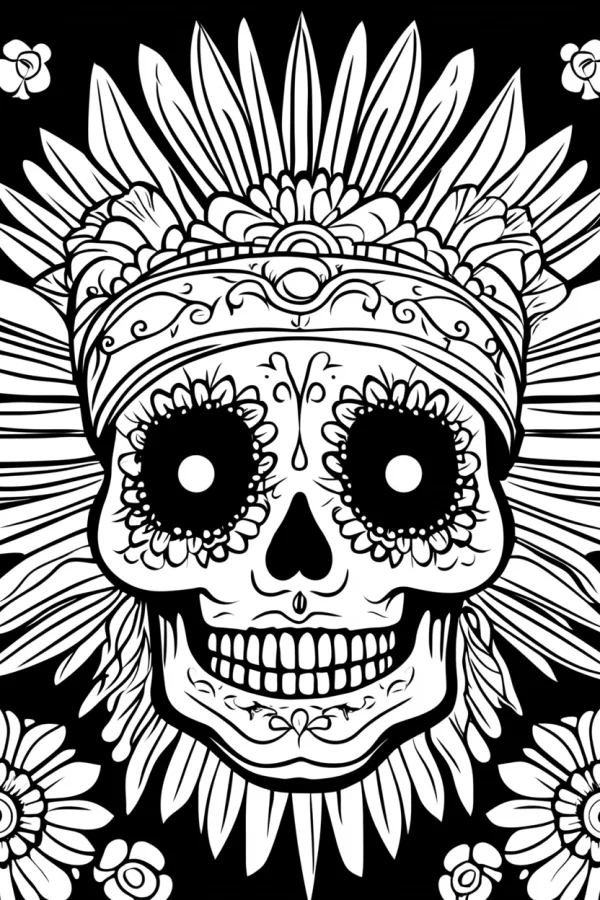 Day of the dead sugar skull with decorative headdress, mexican traditional style — free printable mexican culture coloring book page