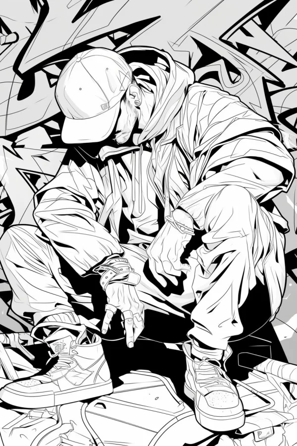 Hip-hop style crouching character with baseball cap, hoodie — free printable street coloring book page