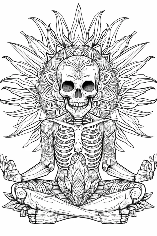 Mandala-style meditating skeleton, dark fantasy style — free printable meditation coloring book page
