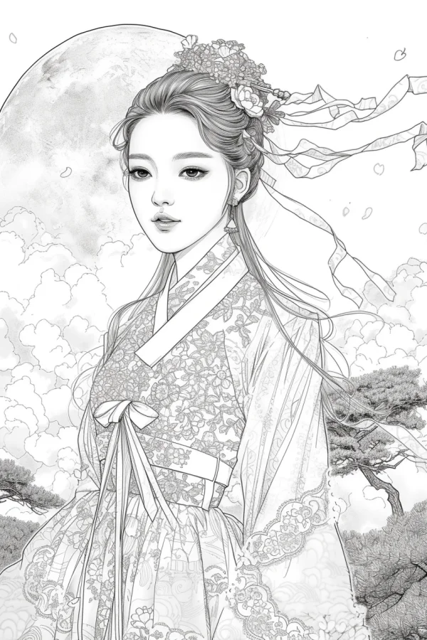 Korean traditional hanbok girl, korean style — free printable korean style coloring book page