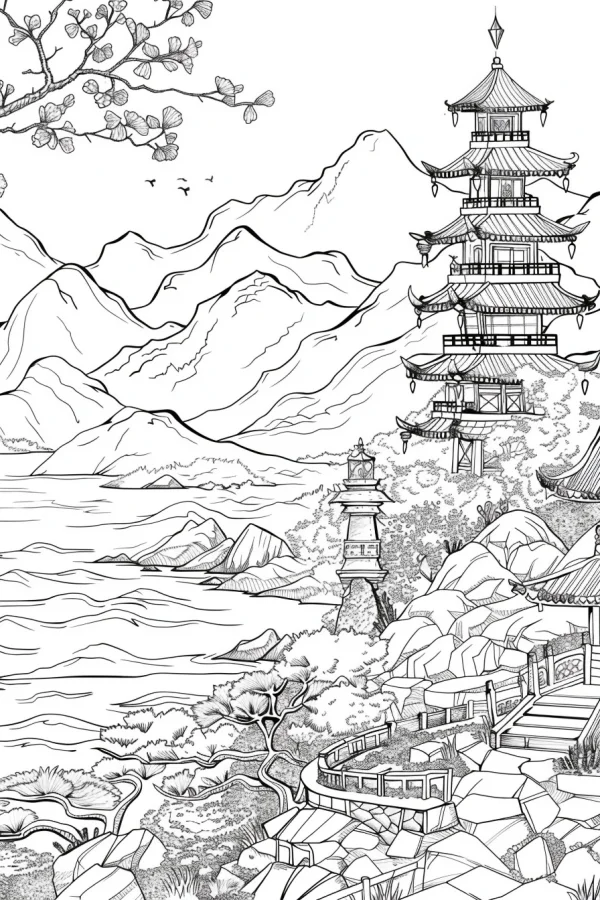 Chinese-style multi-story pagoda landscape with mountains and lake, chinese ink painting line art style — free printable classical architecture coloring book page
