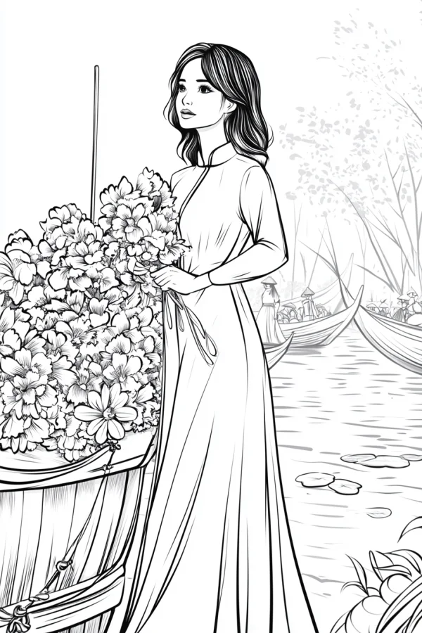 Young woman in vietnamese ao dai holding a large bouquet of flowers, southeast asian floating market scene with river and wooden boats — free printable southeast asia coloring book page