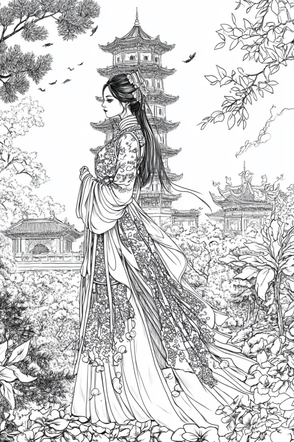 Ancient chinese lady in traditional hanfu, chinese classical style — free printable historical figures coloring book page