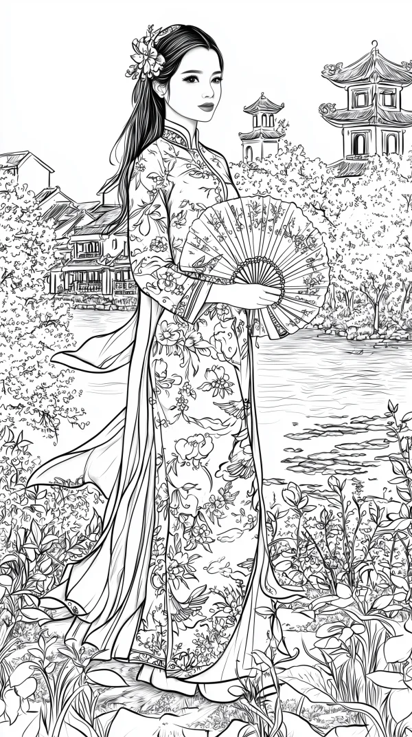 Woman in chinese floral long dress holding a folding fan, chinese style — free printable traditional clothing coloring book page