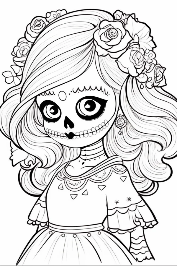 Cute day of the dead cartoon girl with sugar skull makeup, rose flower crown — free printable cartoon characters coloring book page