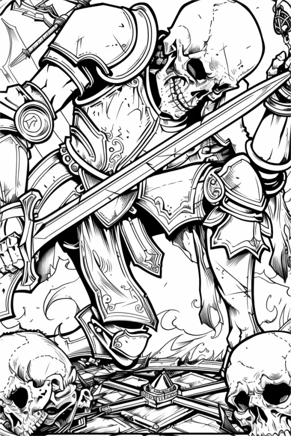 Armored skeleton knight holding a sword, gothic fantasy style — free printable knight coloring book page