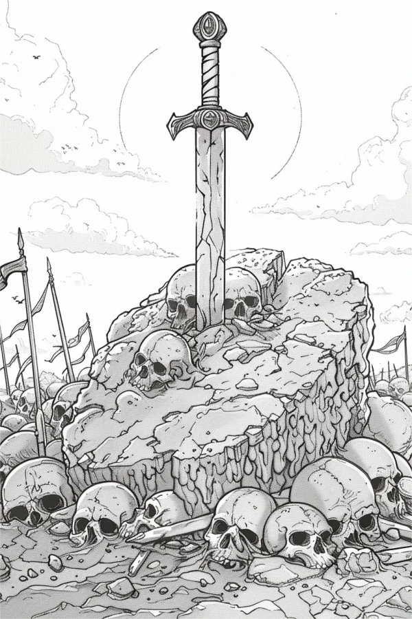 Sword stuck in rock surrounded by piles of skulls, dark horror art style — free printable war coloring book page