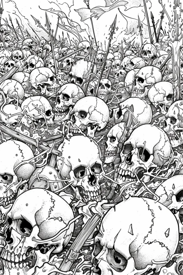 Pile of skulls on a battlefield, horror dark style — free printable war coloring book page