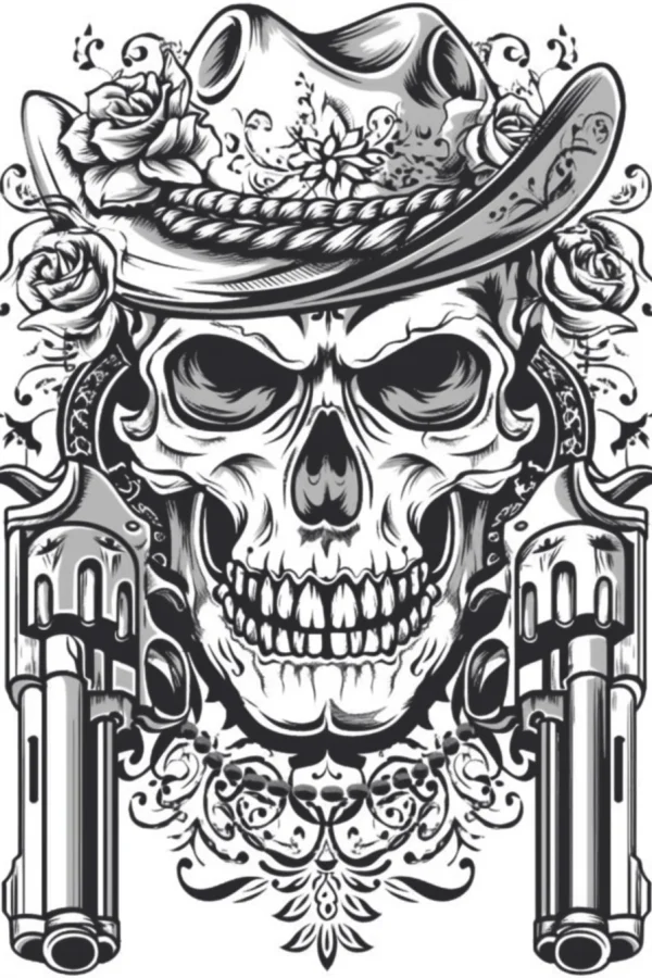 Cowboy skull wearing cowboy hat with dual revolvers and roses, western gothic style — free printable west coloring book page