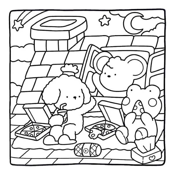 Cute cartoon animals having picnic on rooftop, including poodle and bears — free printable night coloring book page