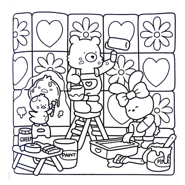 Cute cartoon animal painting scene with bear, ducks and rabbit — free printable handmade diy coloring book page