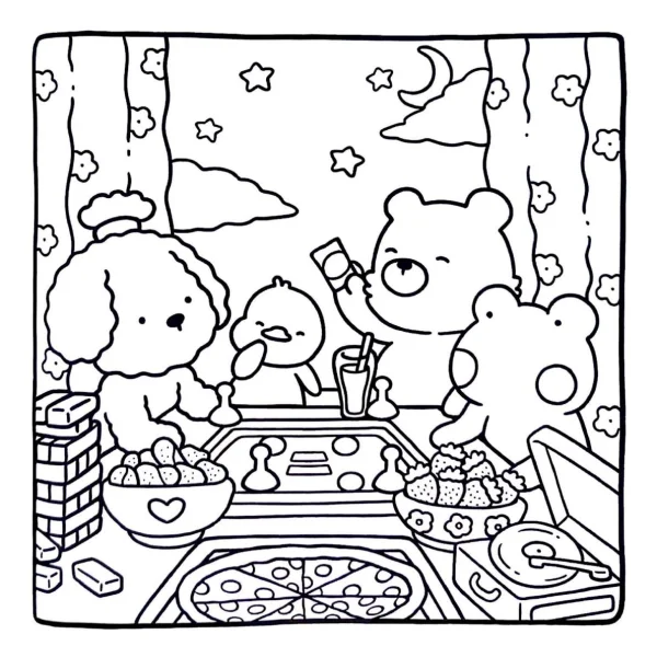 Cute animal food party scene with poodle, two bears and chick — free printable night coloring book page