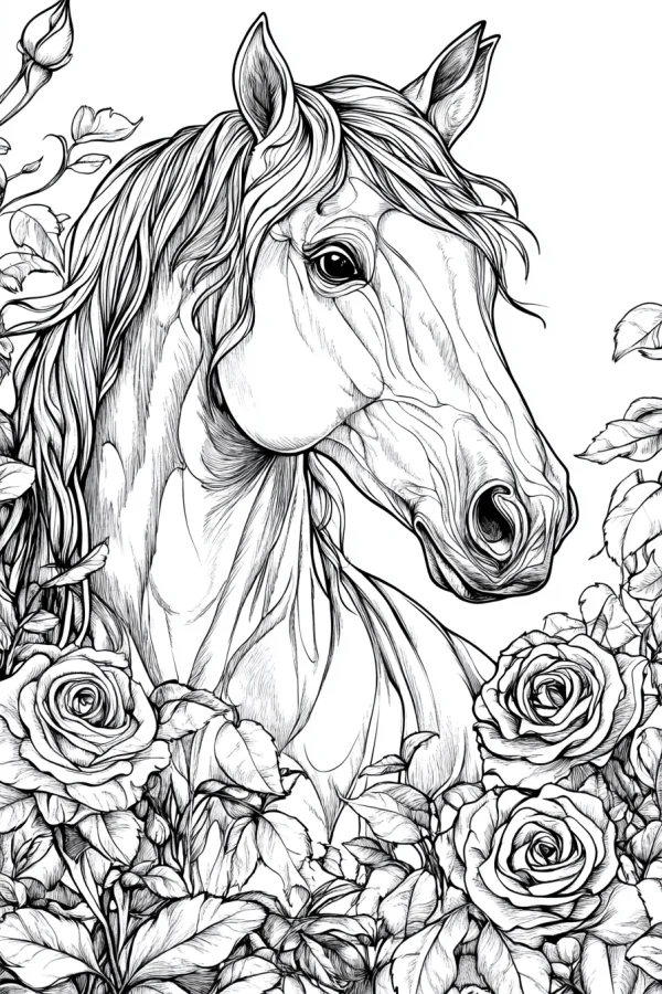 Horse surrounded by roses, realistic sketch style — free coloring book page