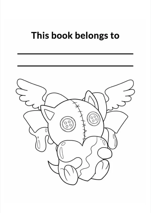 Cute patched cat doll with wings holding a heart, cartoon style — free printable dolls coloring book page