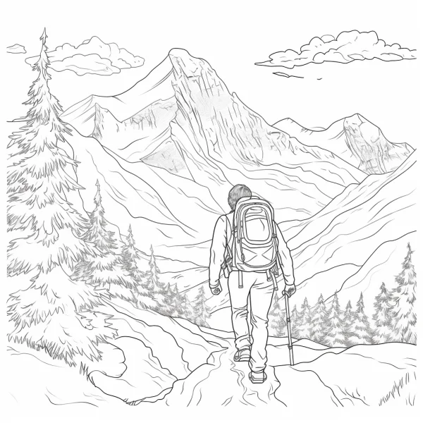 Hiker with backpack and trekking pole, realistic line art style — free printable hiking coloring book page