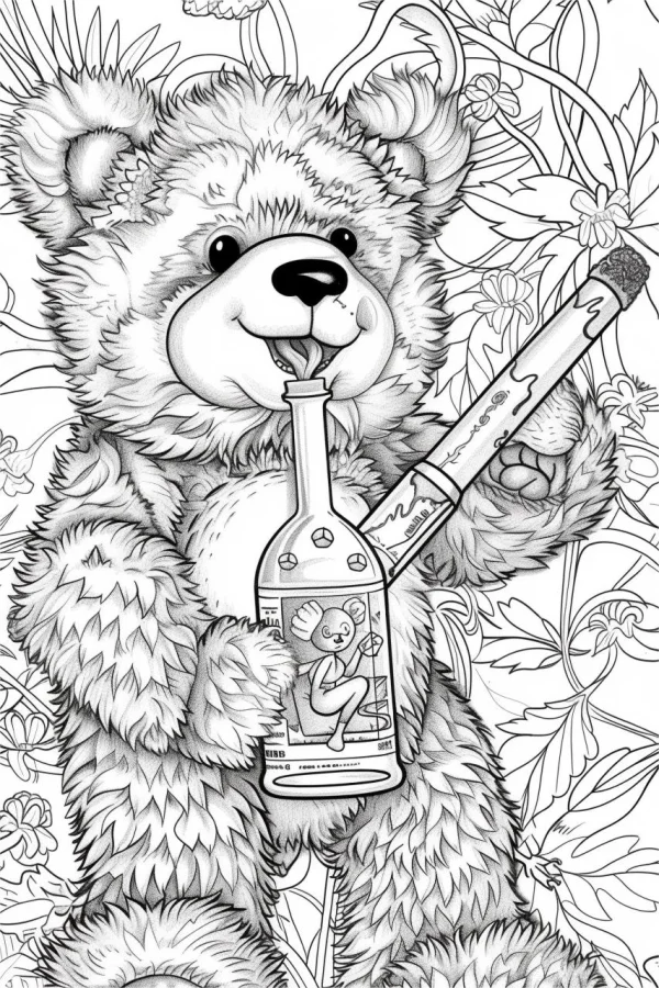 Playful anthropomorphic teddy bear holding a bottle and a cigarette-like object, cartoon style — free printable parody coloring book page