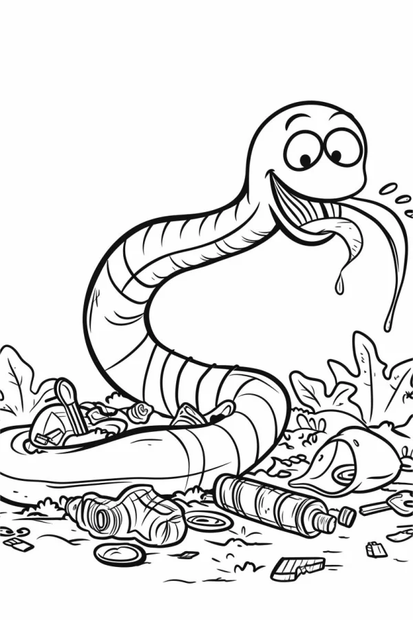 Cartoon snake surrounded by various garbage and trash, cartoon style — free printable environmental coloring book page