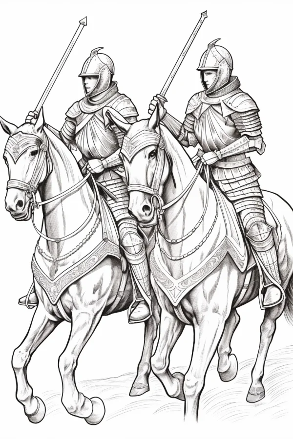 Medieval knights riding war horses, realistic sketch style — free printable knight coloring book page