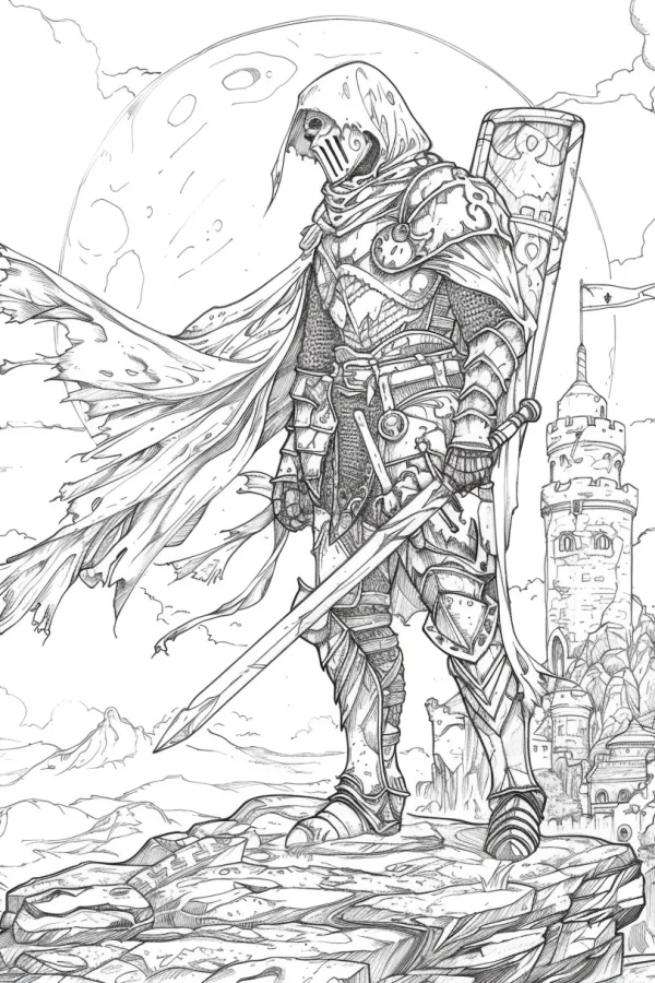 Hooded heavy armored knight holding a longsword, fantasy medieval style — free printable knight coloring book page