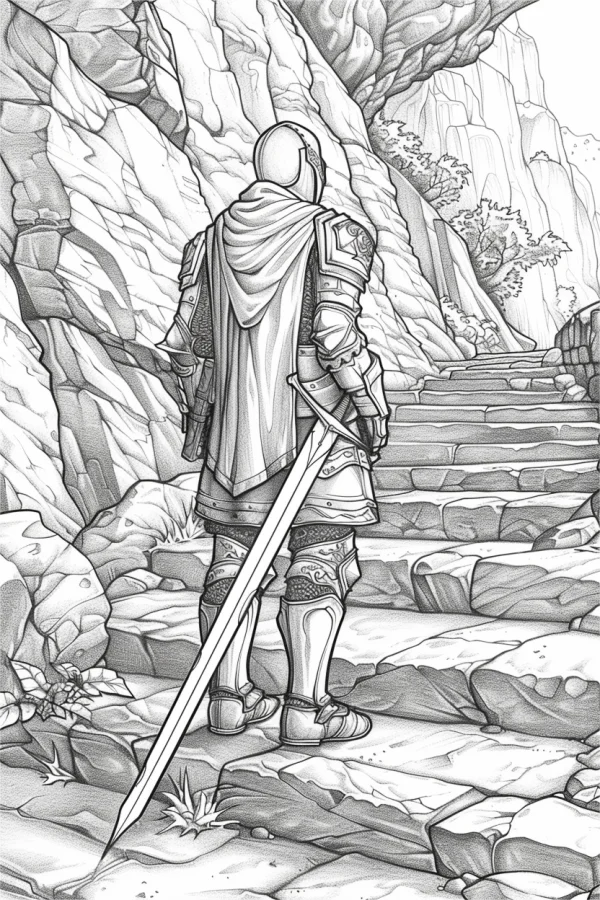 Armored knight with a long sword standing on stone stairs, fantasy sketch style — free printable knight coloring book page