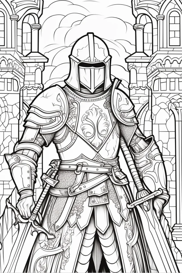 Medieval knight in full armor holding two swords, european medieval style — free printable knight coloring book page