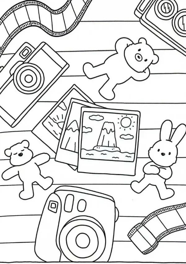 Cute toy bears and rabbit with vintage cameras, polaroid photos and film rolls on wooden table — free printable toys coloring book page