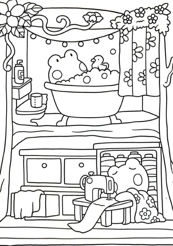 Cute cartoon ducks in home daily scenes, upper part is duck bathing in bathtub with bubbles — free printable handmade diy coloring book page