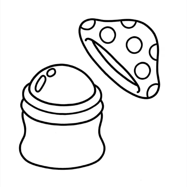 Cream jar and polka-dot powder puff, cartoon style — free printable living items coloring book page