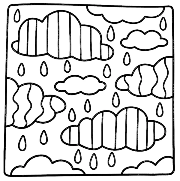 Rainy clouds with raindrops, simple line art — free printable rainy days coloring book page
