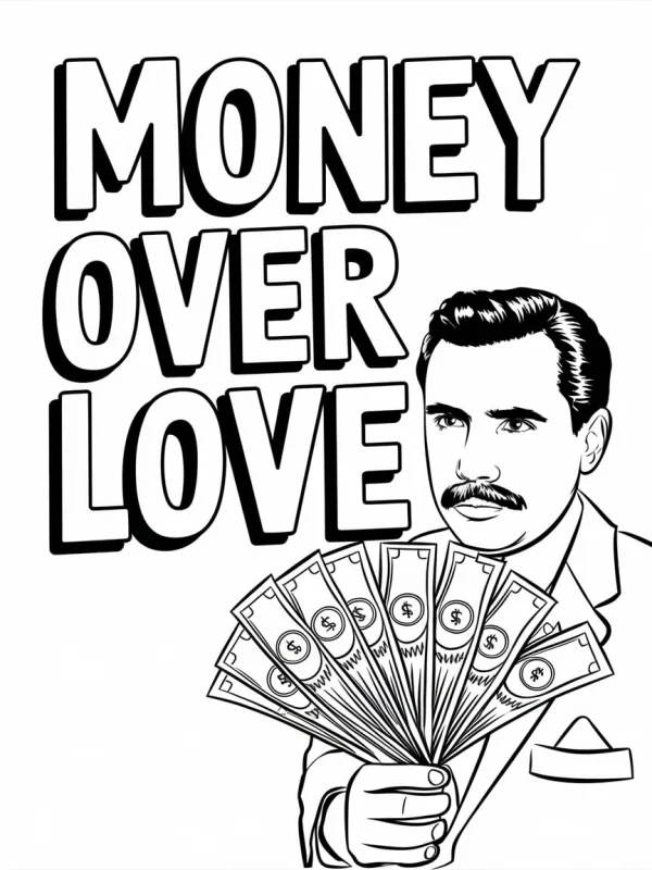 Man holding a fan of dollar bills, cartoon style — free printable wealth coloring book page
