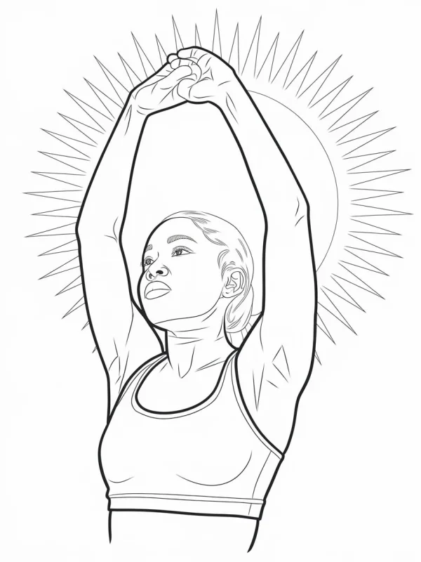Woman stretching with hands raised overhead, realistic line art — free printable fitness coloring book page