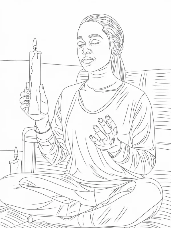 Person meditating with a candle, realistic style — free printable meditation coloring book page