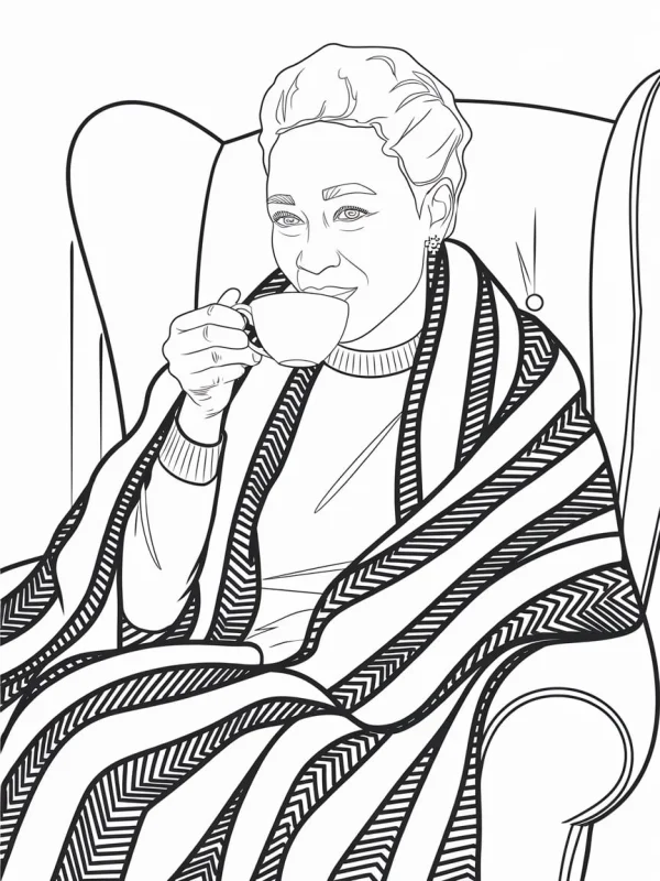 Woman wrapped in striped blanket drinking tea, realistic illustration style — free printable daily leisure coloring book page
