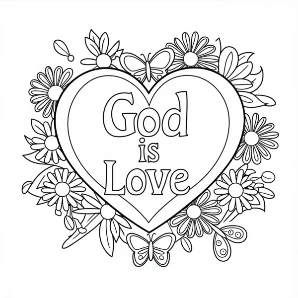 Heart with 'god is love' text, surrounded by daisies and butterflies — free printable warmth coloring book page