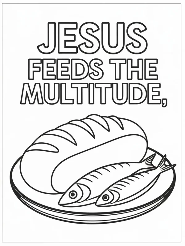 Bread and two fish on a plate, religious bible story theme — free printable bible stories coloring book page