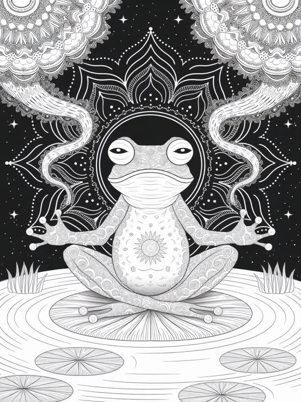 Meditating frog in lotus position, mandala and zentangle art style — free printable meditation coloring book page