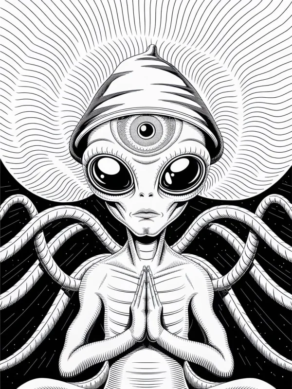 Meditating three-eyed alien, sci-fi surreal style — free printable meditation coloring book page