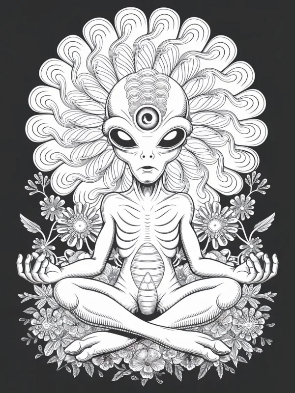 Meditating three-eyed alien, mandala fantasy sci-fi style — free printable meditation coloring book page