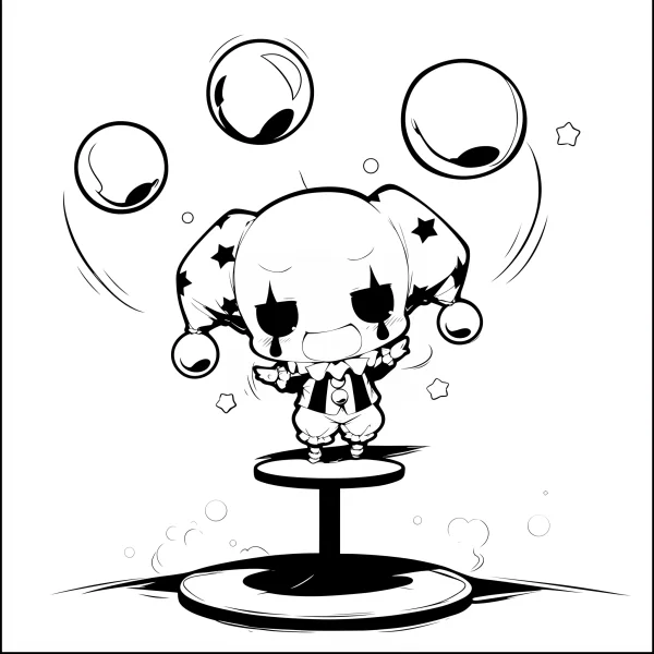 Chibi crying clown juggling balls on a performance stage, cartoon chibi style — free printable circus coloring book page