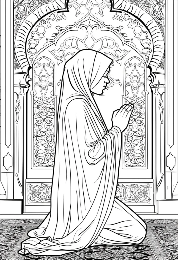 Kneeling woman in hijab praying, middle eastern style — free printable prayer coloring book page