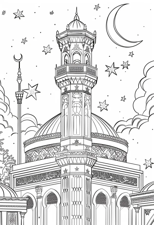 Detailed mosque with minaret, middle eastern style — free printable middle eastern culture coloring book page