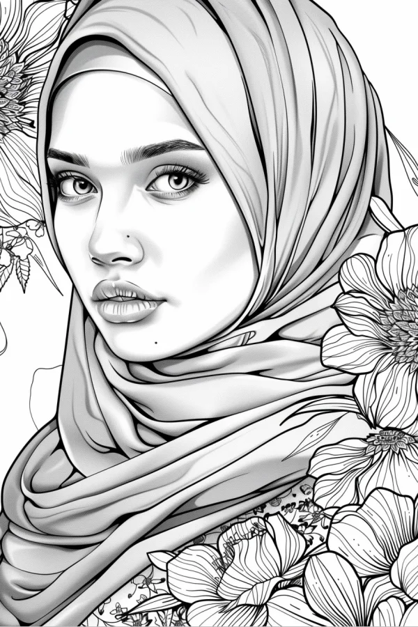 Middle eastern woman wearing hijab surrounded by flowers, realistic illustration style — free printable middle eastern culture coloring book page