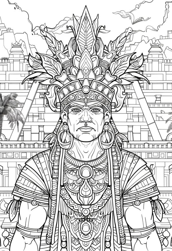 Mayan noble leader with elaborate feathered headdress and intricate jewelry, ancient mayan pyramid temple complex in background — free printable ancient civilization coloring book page