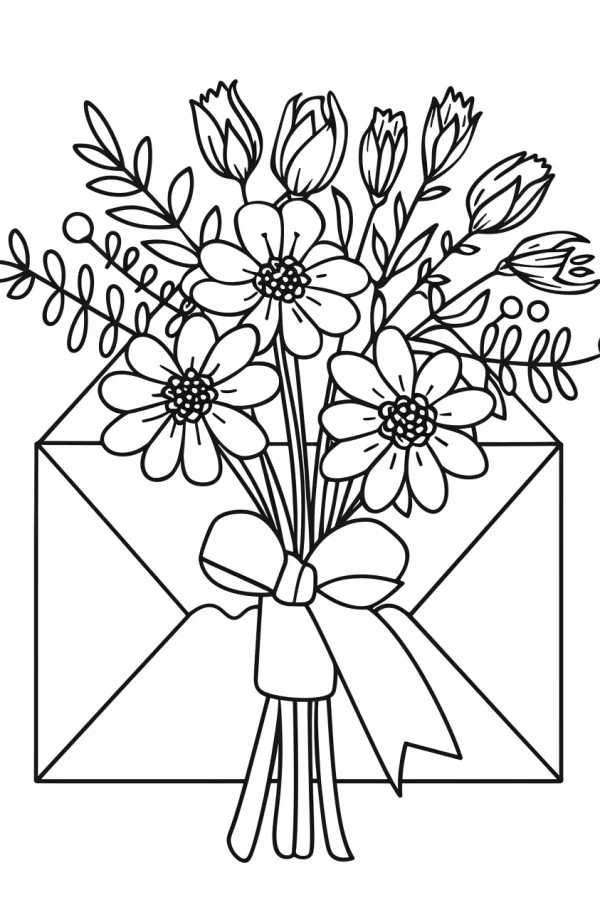 Envelope with daisy bouquet and bow, cartoon style — free printable letters coloring book page